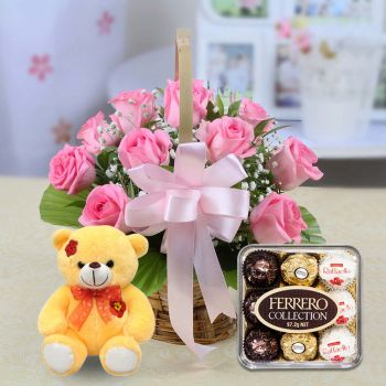 16 Pink Roses Basket with Teddy & Ferraro Rocher chocolate - 9 pieces